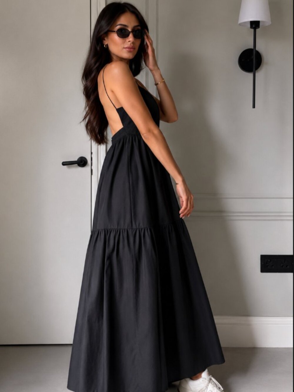 Commense Black Tiered Maxi Dress Spaghetti Strap Open Back XL NWT